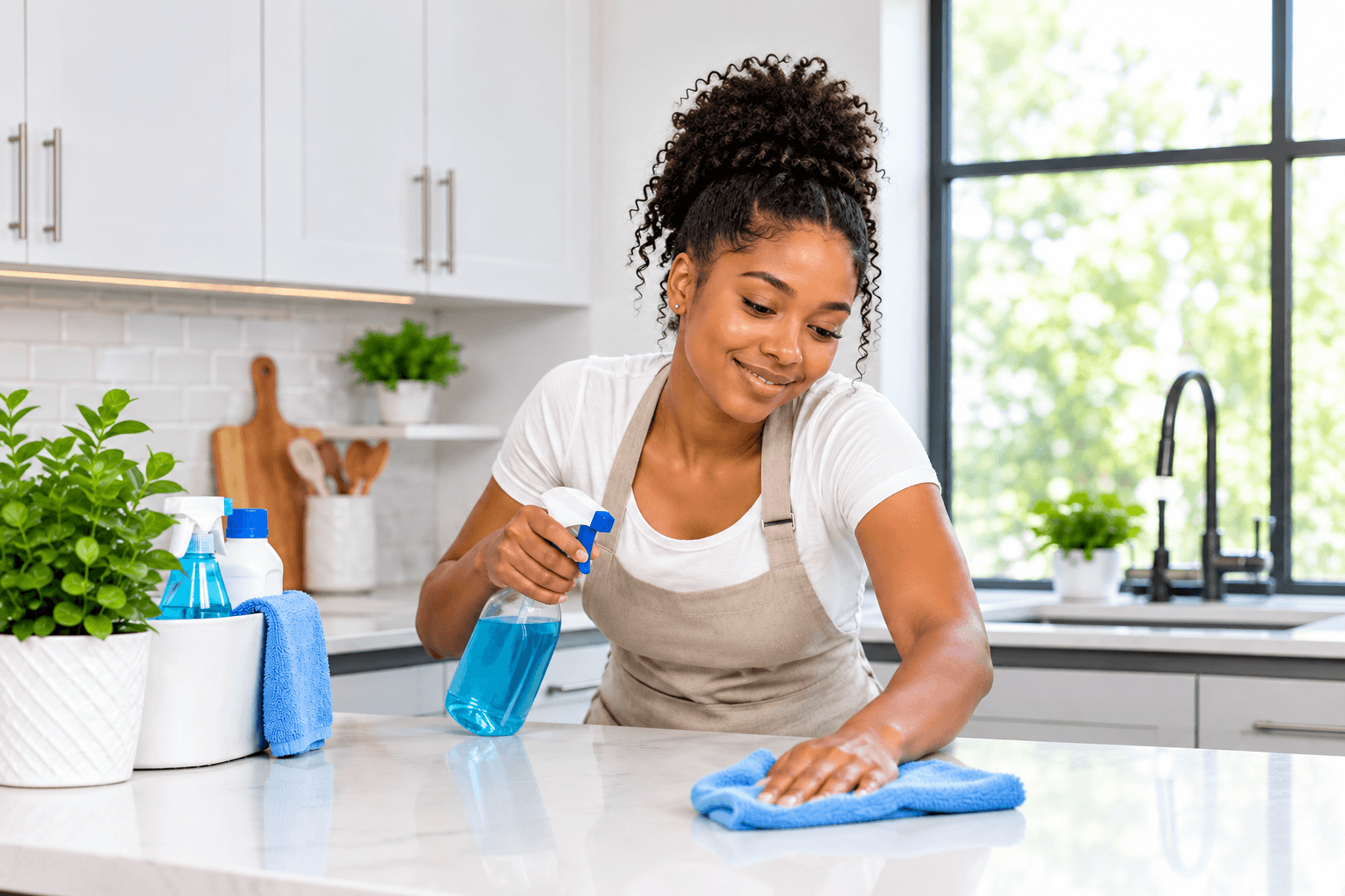 A woman with her full hairstyle visible cleaning a kitchen counter with a blue cloth.